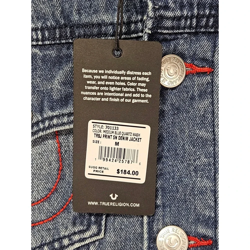 True Religion Denim Button Jacket Men's M Medium Quartz Wash Graphic NWT $184